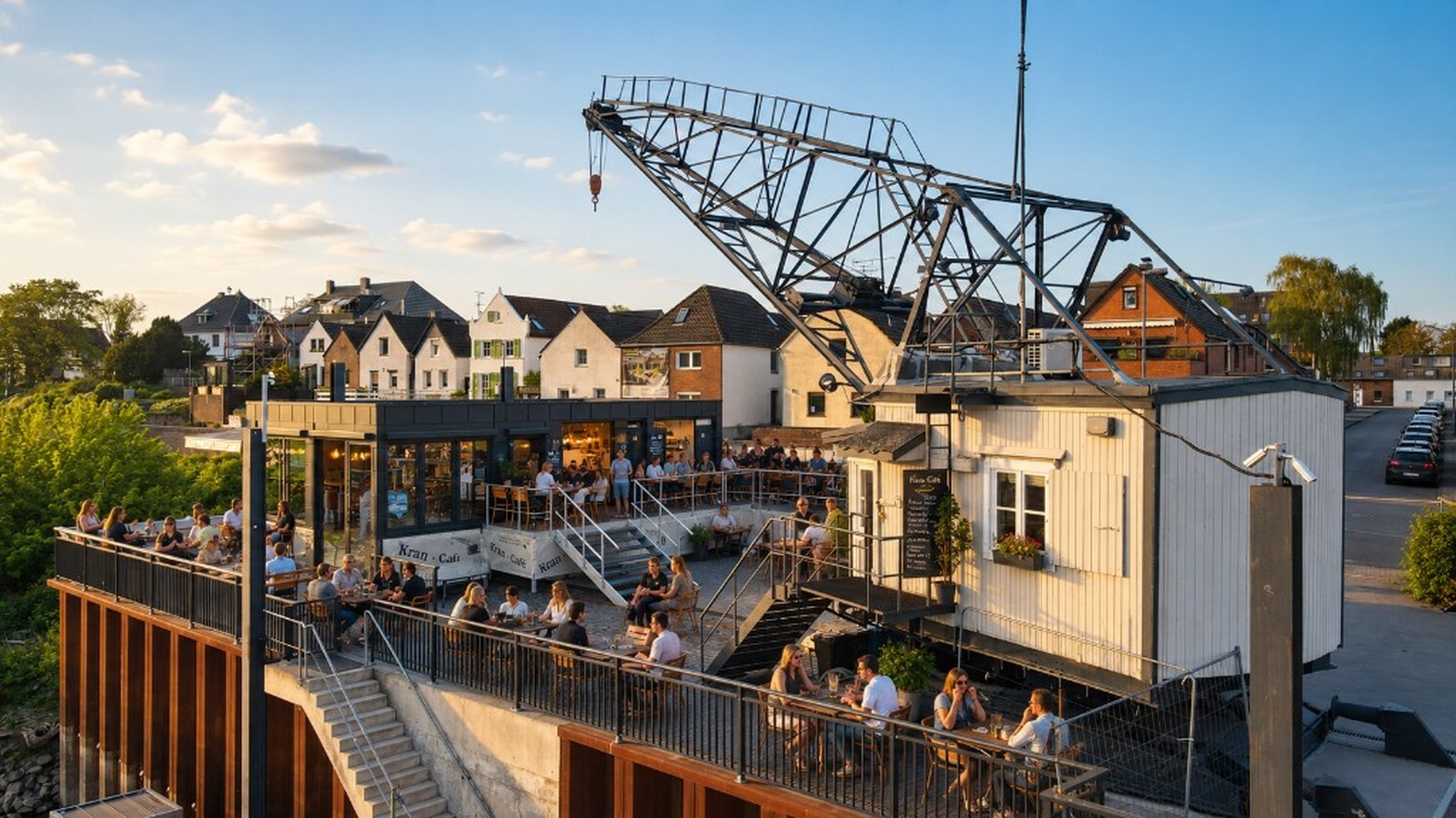 Kran-Café Terrasse mit Biergarten und Kran am Hitdorfer Hafen